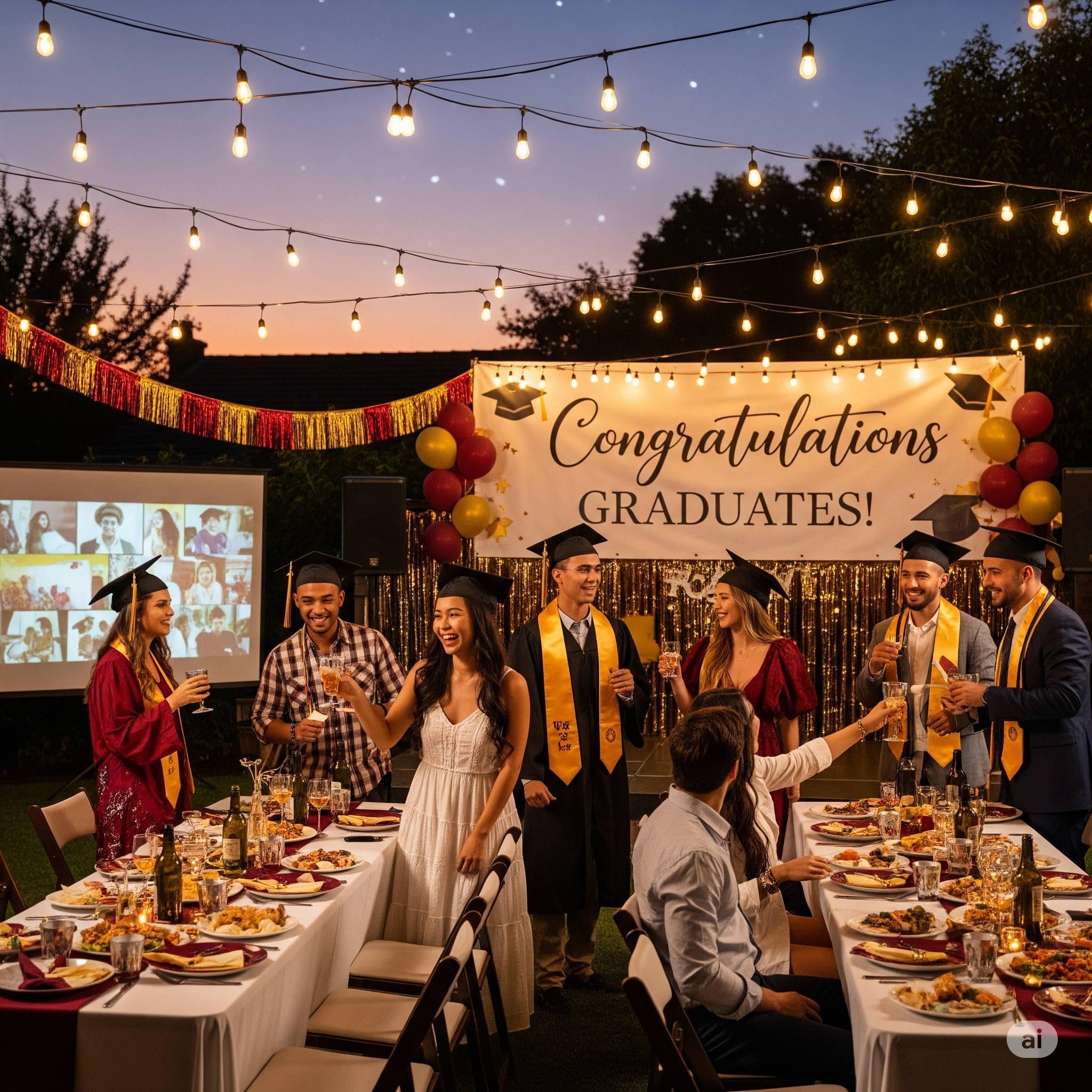 Mezuniyet keplerini havaya atan öğrenciler ve arkada DJ performansı